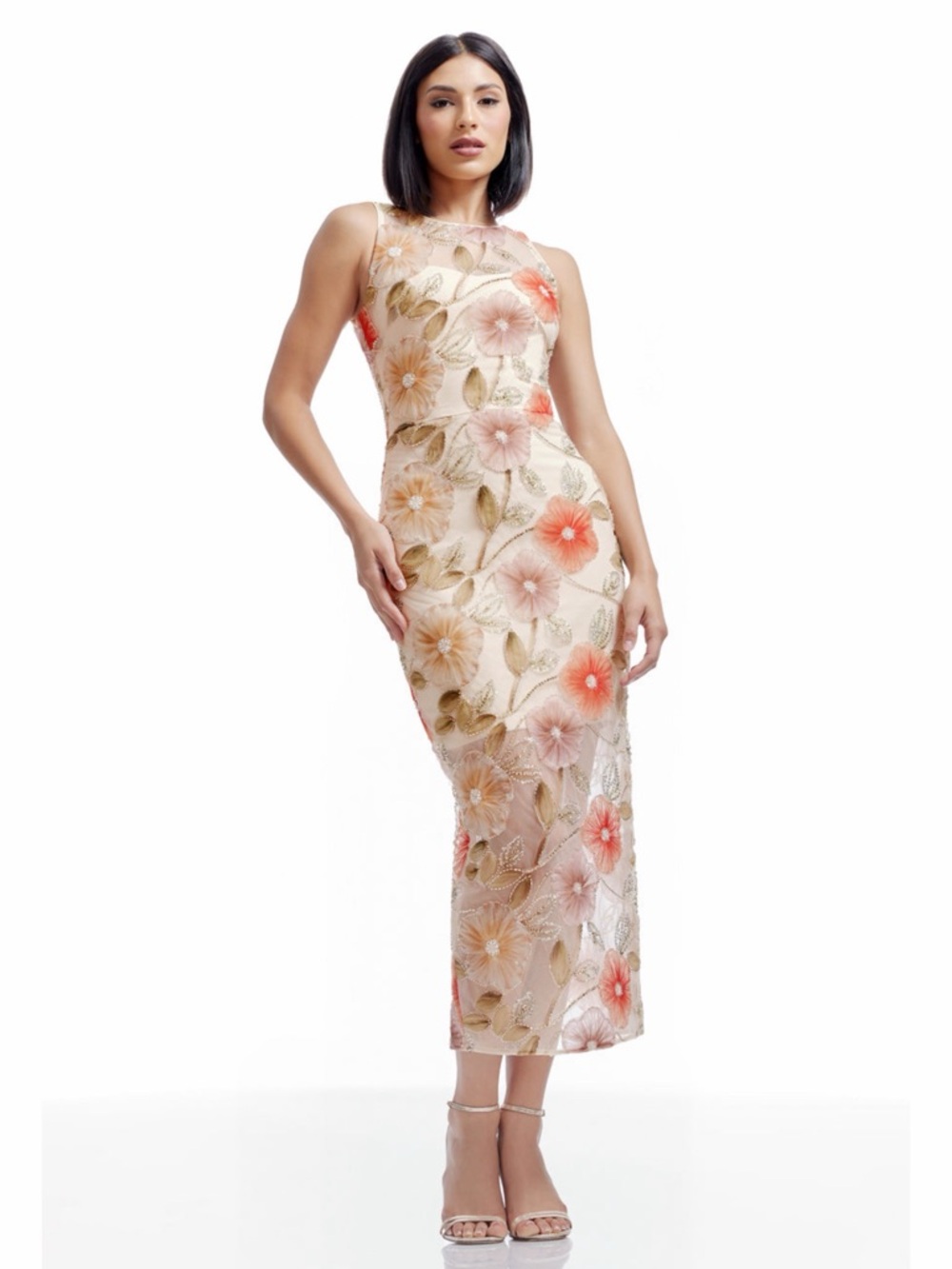NWT Dress The Population Helena Beaded Floral Applique Champagne‎ Multi Gown